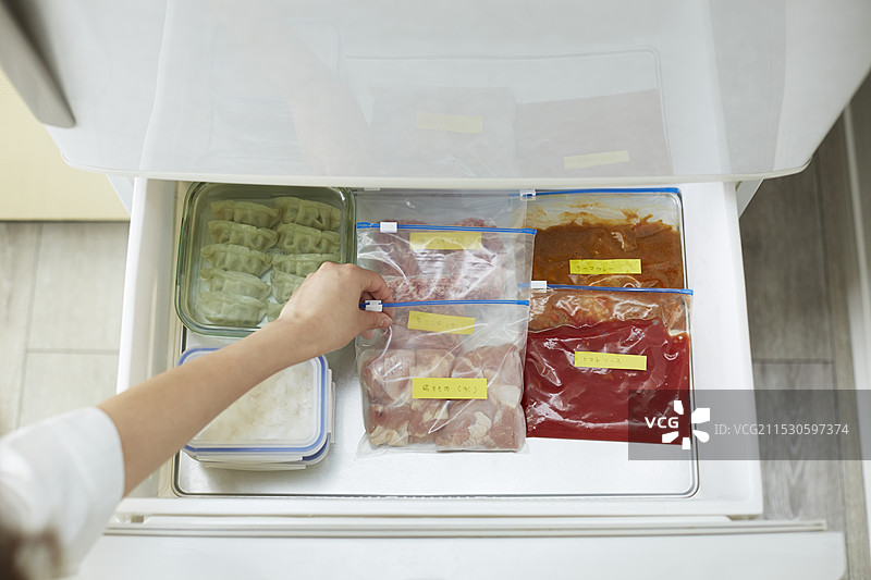 人们的手从冰箱里拿出鸡肉图片素材