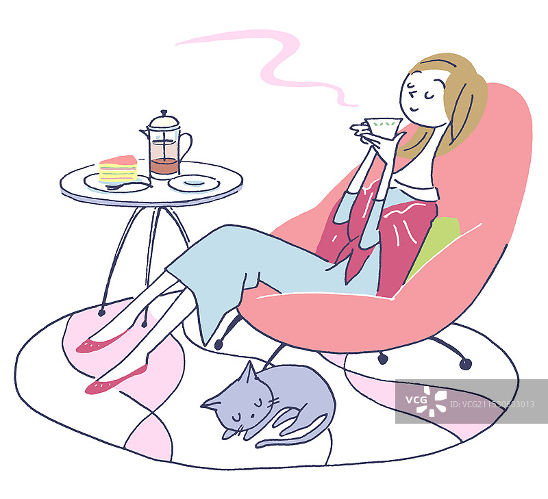 客厅里喝茶的女人和猫的剪贴画插图图片素材