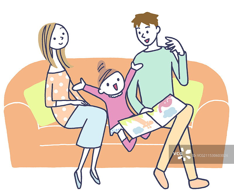 三口之家坐在沙发上的剪贴画插图图片素材
