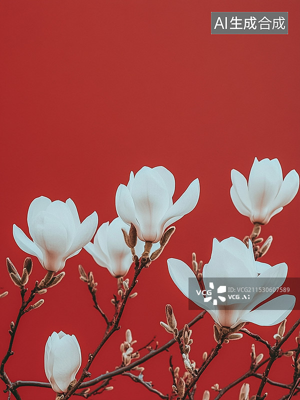 【AI数字艺术】春天春分红墙玉兰花盛开插画图片素材