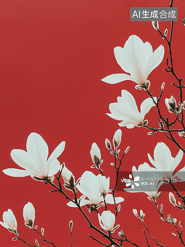 【AI数字艺术】春天春分红墙玉兰花盛开插画图片素材