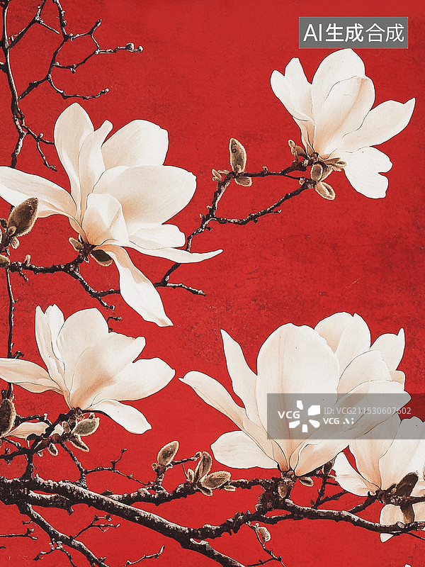 【AI数字艺术】春天春分红墙玉兰花盛开插画图片素材