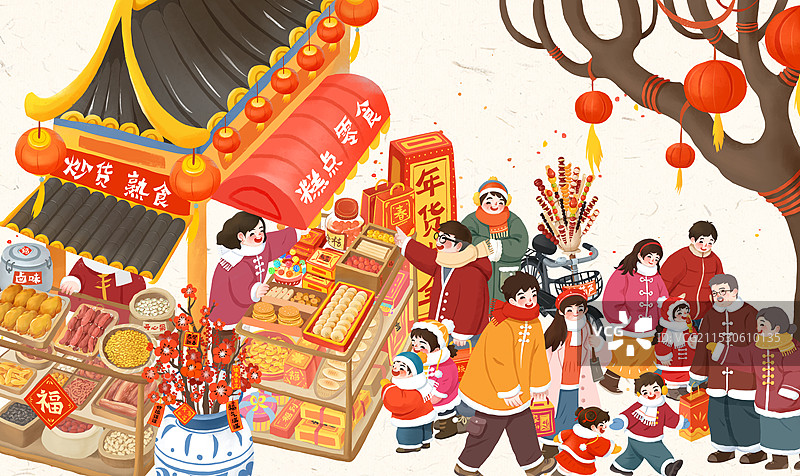 春节插画年俗腊月二十七赶大集买年货分层文件图片素材