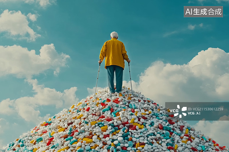 【AI数字艺术】一个白发老人驻着拐杖登上堆积如山的药丸上，老年人生病健康概念图片素材