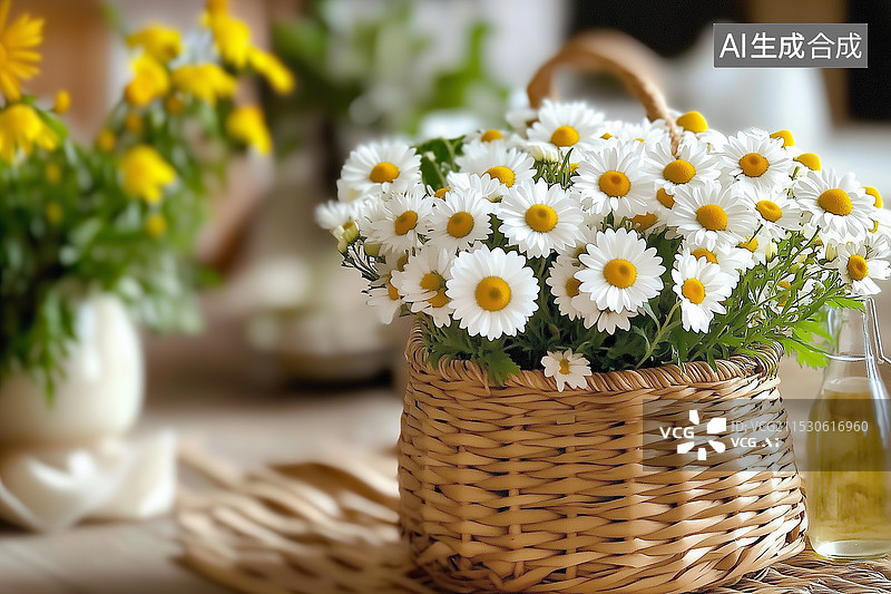 【AI数字艺术】一个编织的篮子里装满了白色的雏菊图片素材