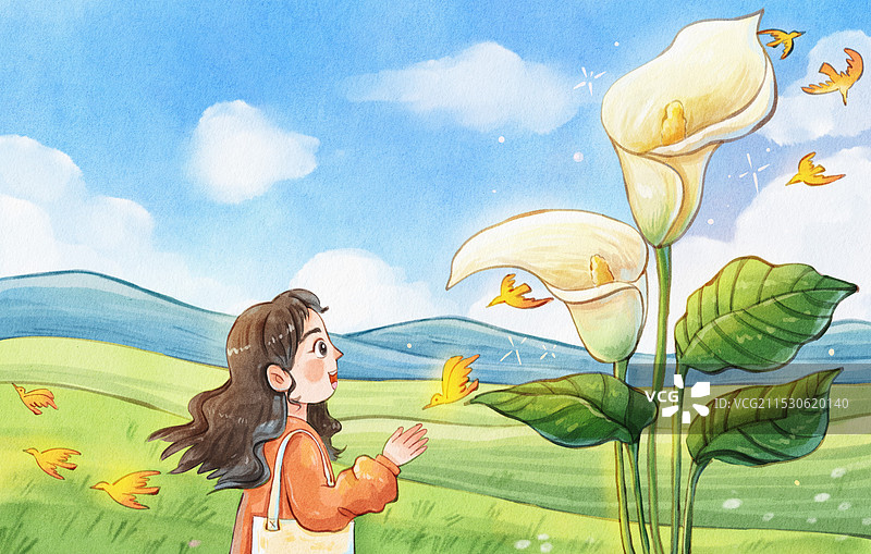 手绘水彩马蹄莲与女孩鸟儿草地治愈系春天插画图片素材