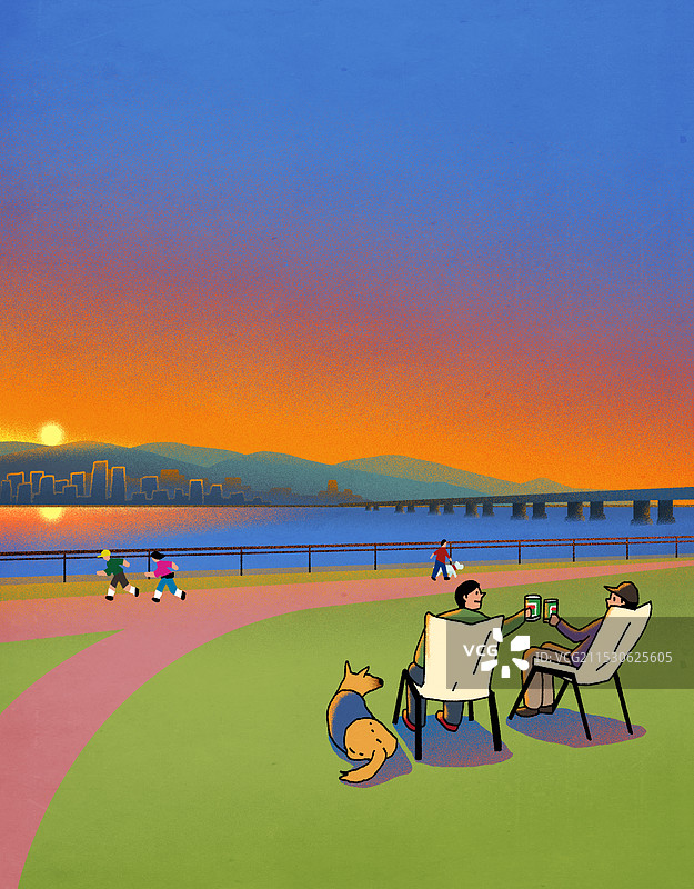 汉江，汉江公园，日落，休息，风景，露营椅，啤酒，宠物狗图片素材