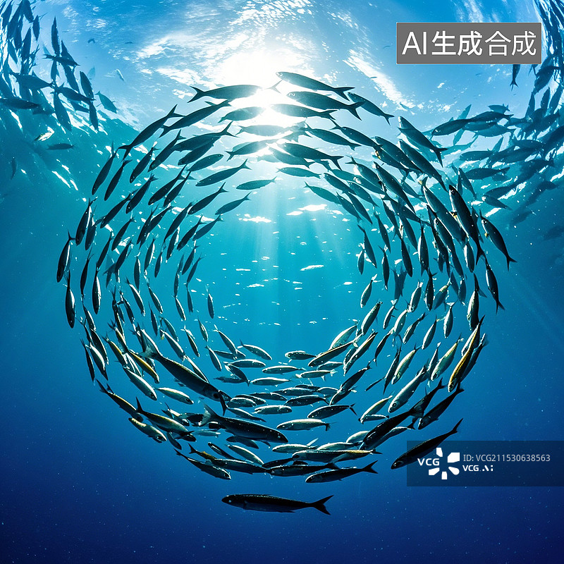 【AI数字艺术】蓝色大海一群鱼围成圆形游动图片素材