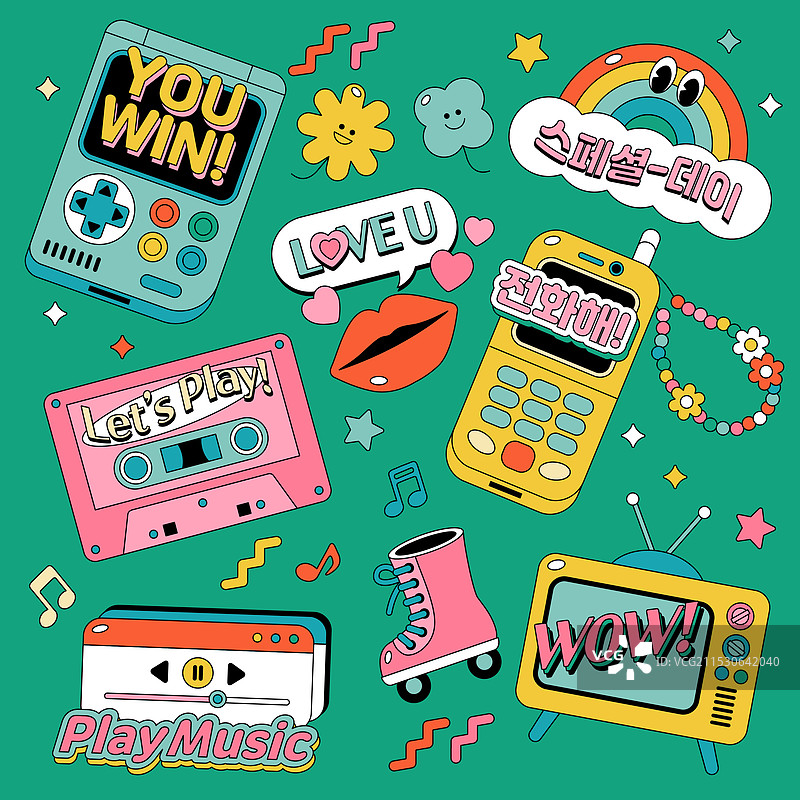 复古风格，静物，语音气泡，视频游戏，音频磁带，手机，电视图片素材