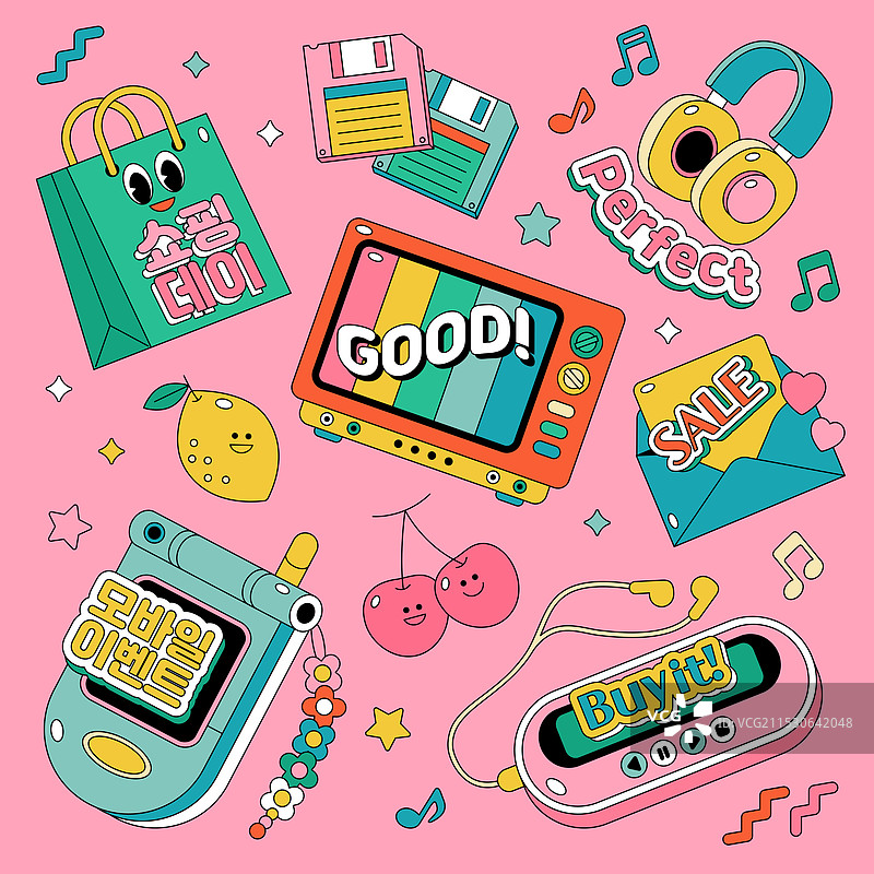 复古风格，静物，购物，购物袋，手机，MP3，电视，信件，耳机，软盘，折扣图片素材