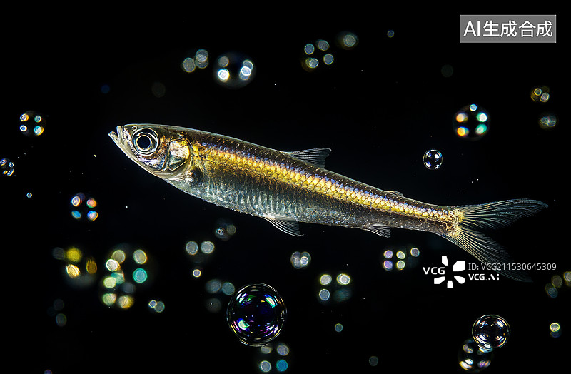 【AI数字艺术】一条在水中游动的小鱼，背景中有许多气泡。小鱼的身体呈现出金属光泽，眼睛大而明亮，身体上有黄色和黑色的图片素材