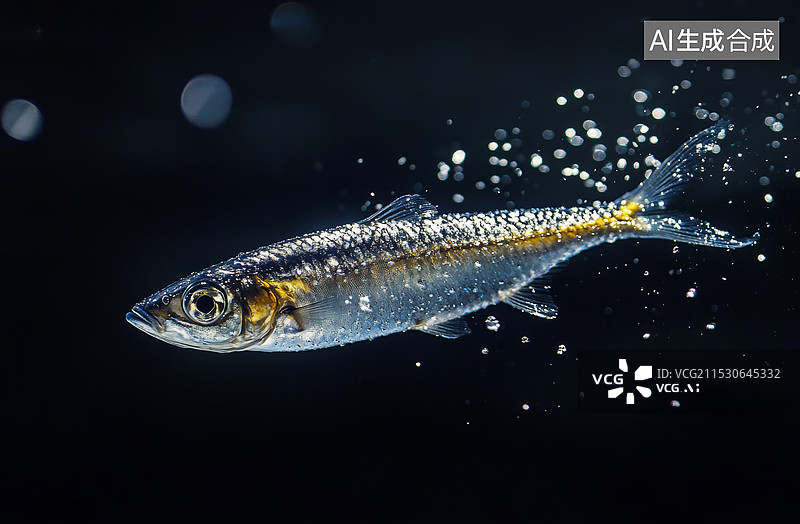 【AI数字艺术】一条在水中游动的小鱼，背景中有许多气泡。小鱼的身体呈现出金属光泽，眼睛大而明亮，身体上有黄色和黑色的图片素材