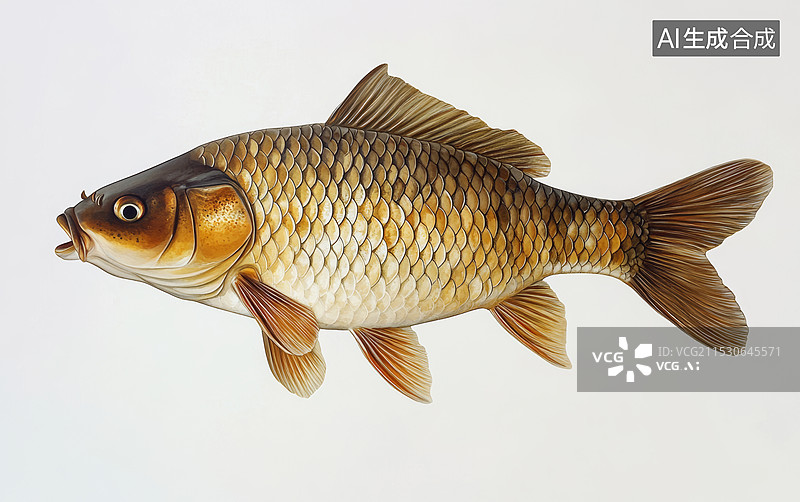 【AI数字艺术】一张鲤鱼的特写照片。鲤鱼的身体呈流线型，鳞片排列整齐，颜色从头部的深褐色逐渐过渡到腹部的浅黄色。图片素材