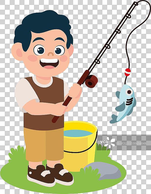 可爱的卡通男孩在钓鱼图片素材