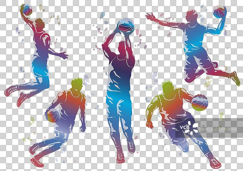 篮球运动员彩色剪影套装图片素材