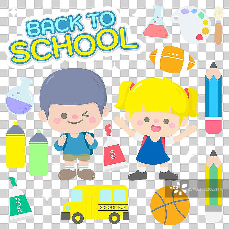 可爱的男孩和女孩以儿童风格回到学校图片素材