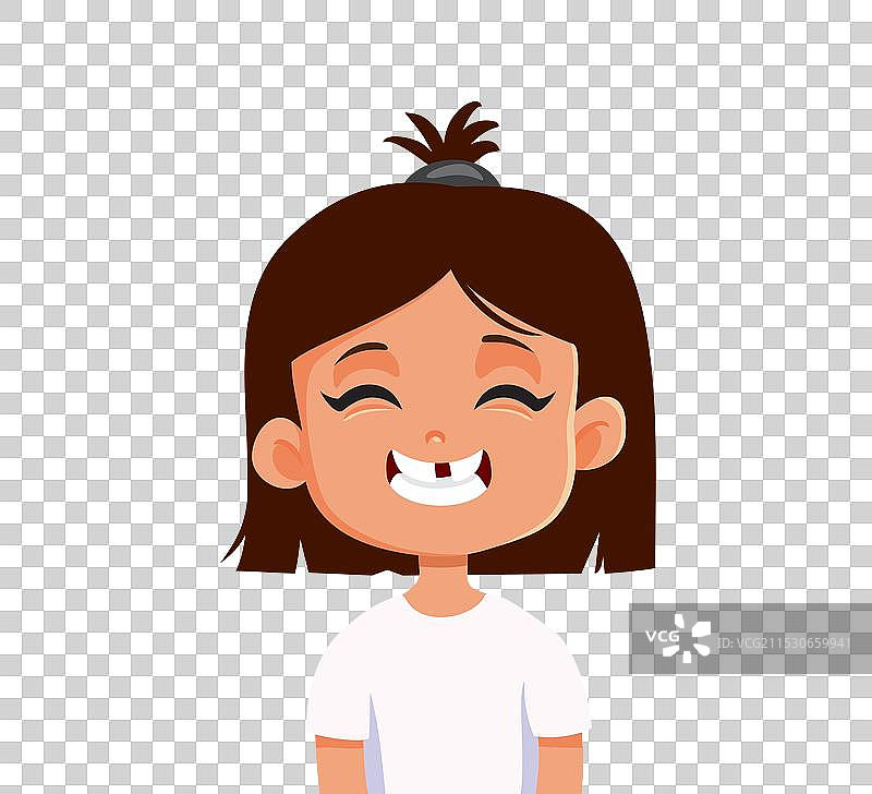 搞笑的女孩微笑着，缺了一颗牙的卡通形象图片素材