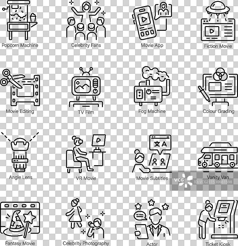 电影和多媒体线性图标的集合图片素材