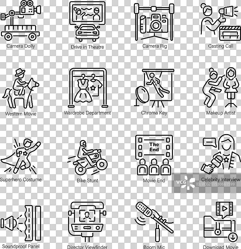 16个电影线性图标的集合图片素材