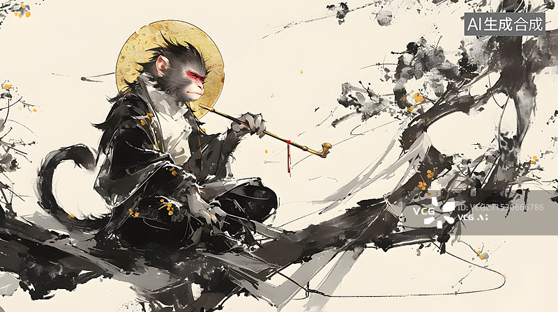 【AI数字艺术】中国风水墨画神话西游记孙悟空插画图片素材