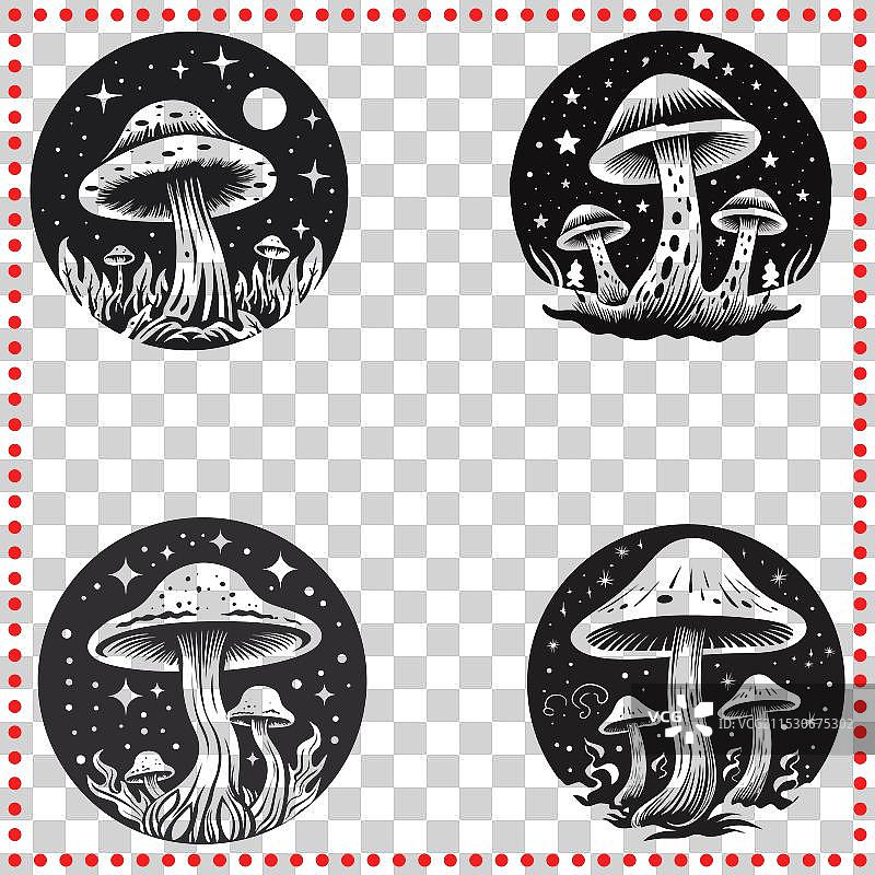 神秘夜晚蘑菇剪影，适合宇宙主题图片素材