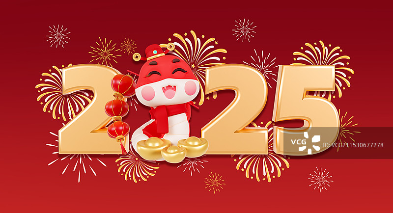 3D渲染的红色背景2025年元旦跨年烟花2025数字春节蛇年元旦海报模板图片素材