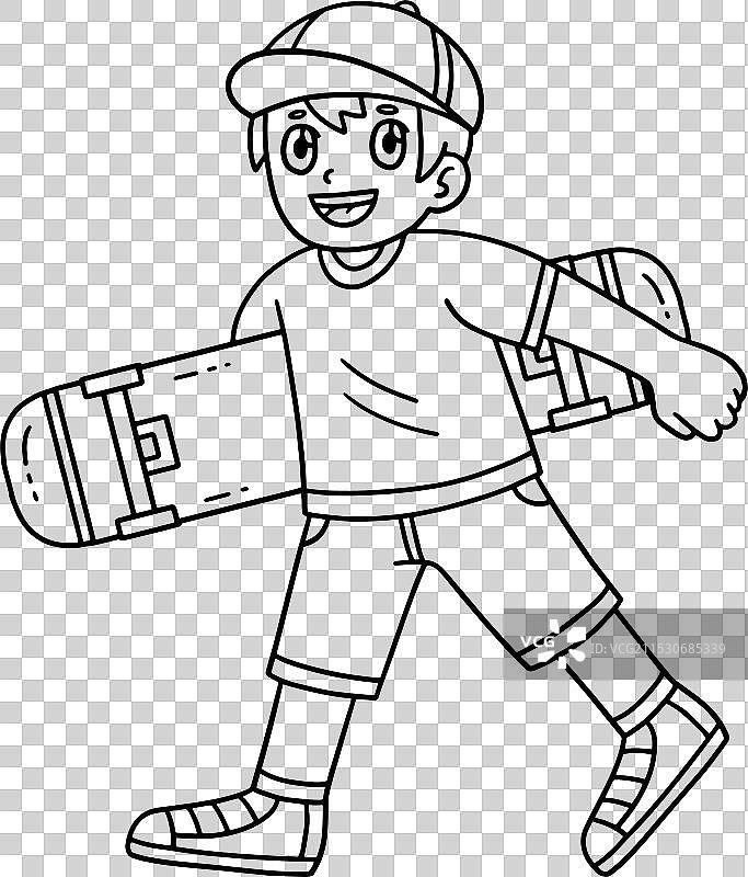 滑板男孩孤立的儿童涂色页图片素材