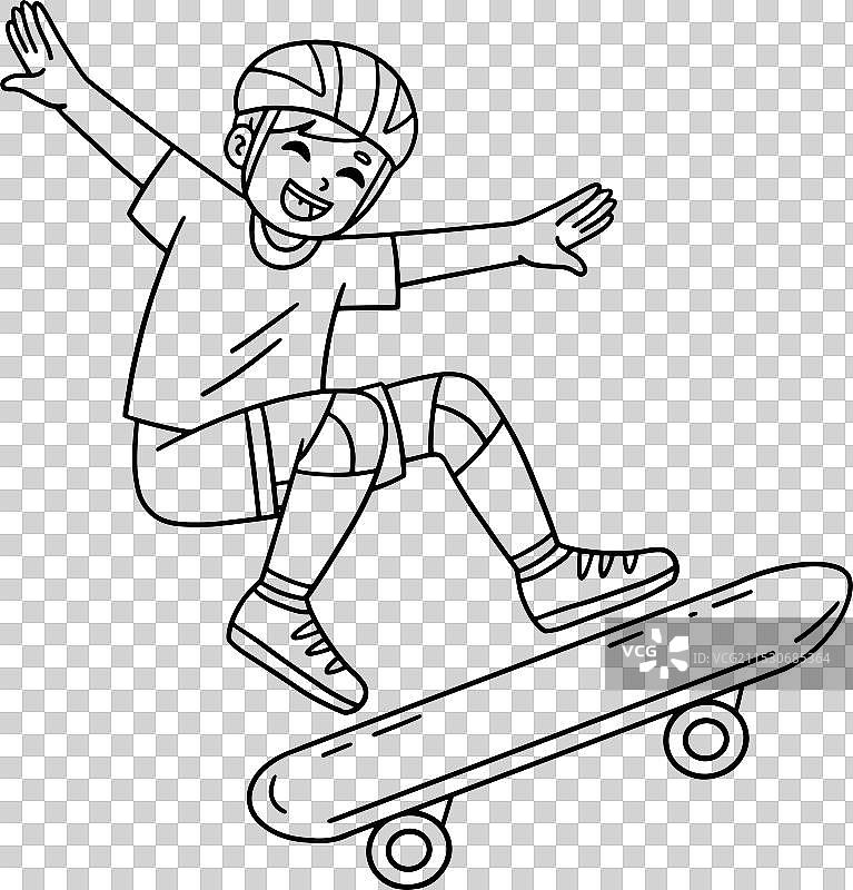 滑板男孩在做奥利跳，背景为单色涂鸦图片素材