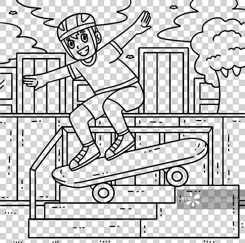 滑板儿童跳下楼梯的涂色页图片素材