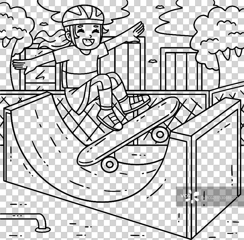 在半管上涂色的滑板儿童图片素材