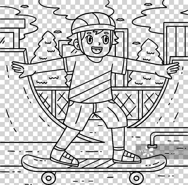 滑板男孩尝试保持平衡的涂色页图片素材