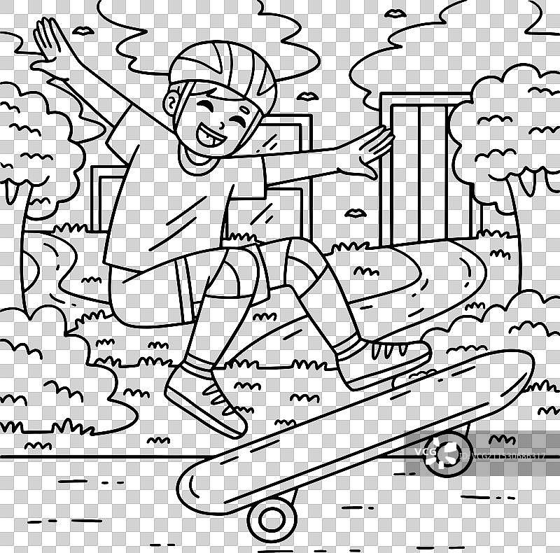 滑板男孩做奥利跳的涂色页图片素材