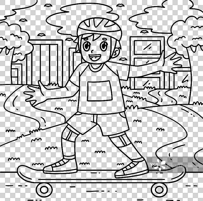 滑板男孩玩耍的涂色页，适合儿童图片素材
