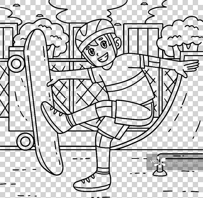 滑板男孩做脚植的涂色页图片素材