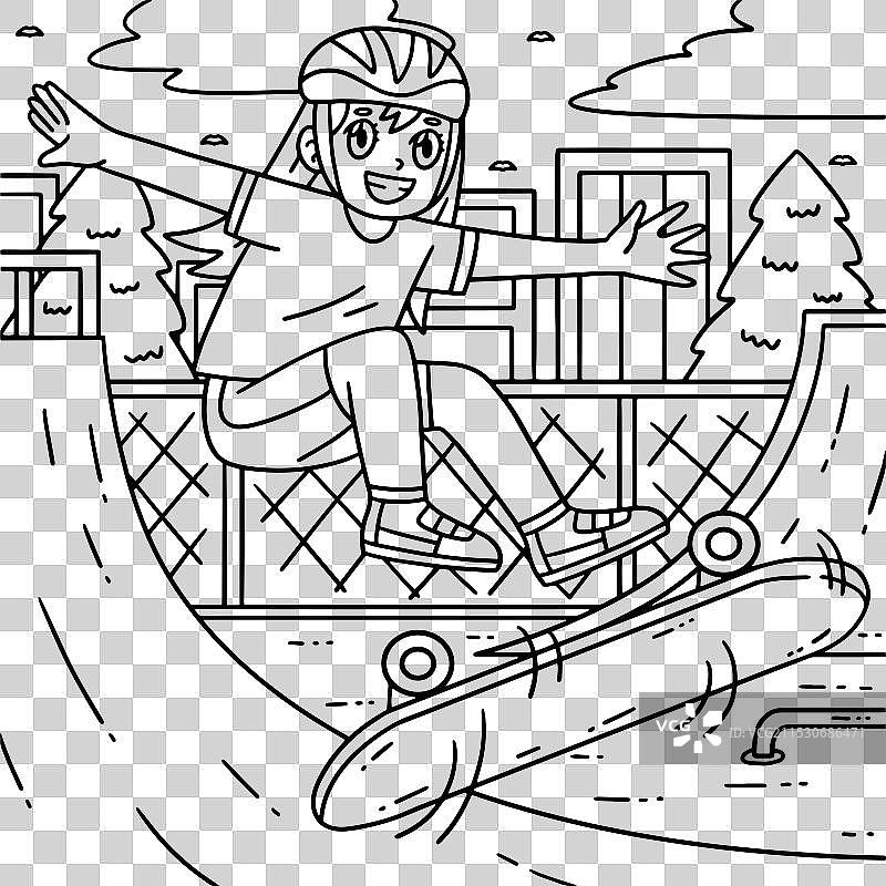 滑板女孩做翻转特技的涂色页图片素材