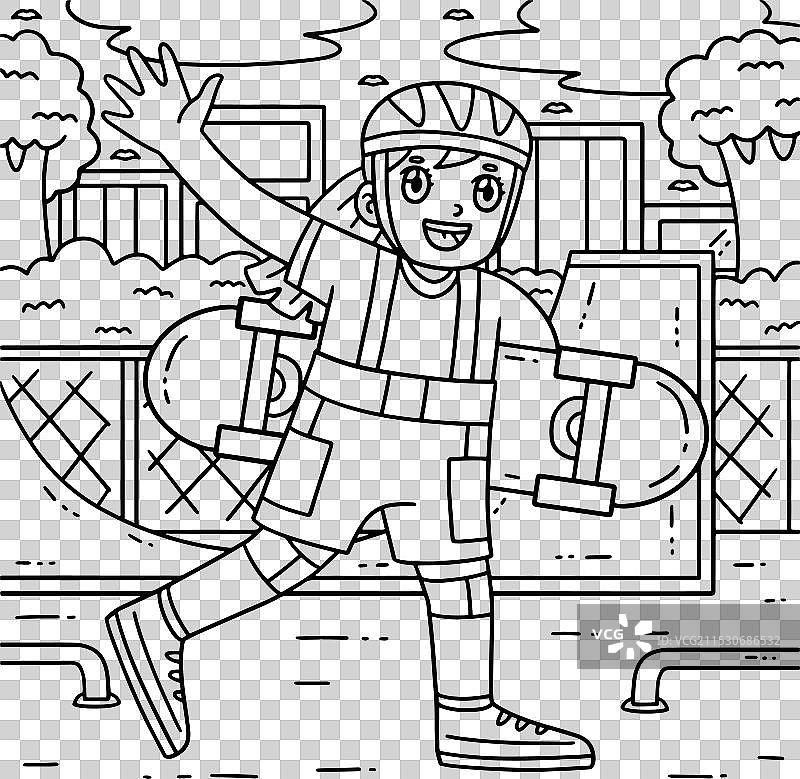 女孩手持滑板的儿童涂色页图片素材