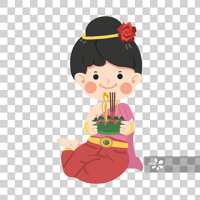 穿着泰国传统服装的小女孩在水灯节庆祝活动中图片素材