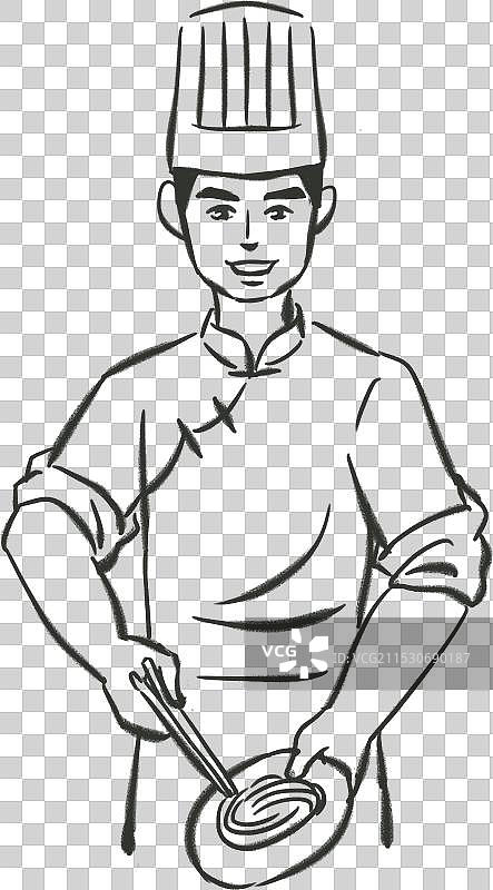 国风水墨线条线稿男厨师正面半身像拌面条图片素材