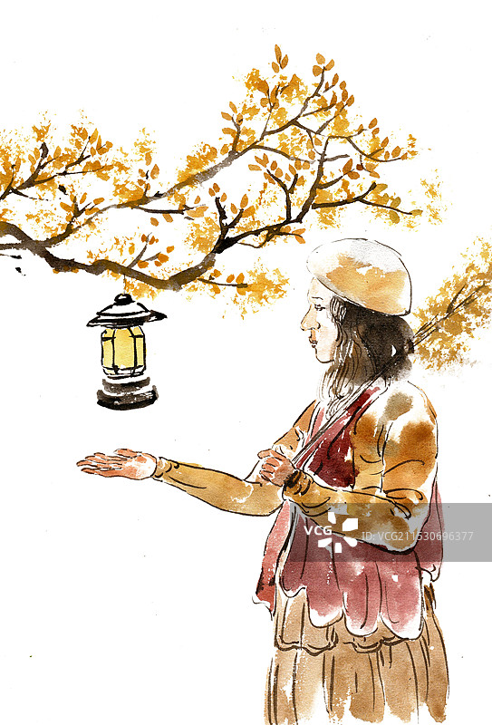 女子与挂灯图片素材