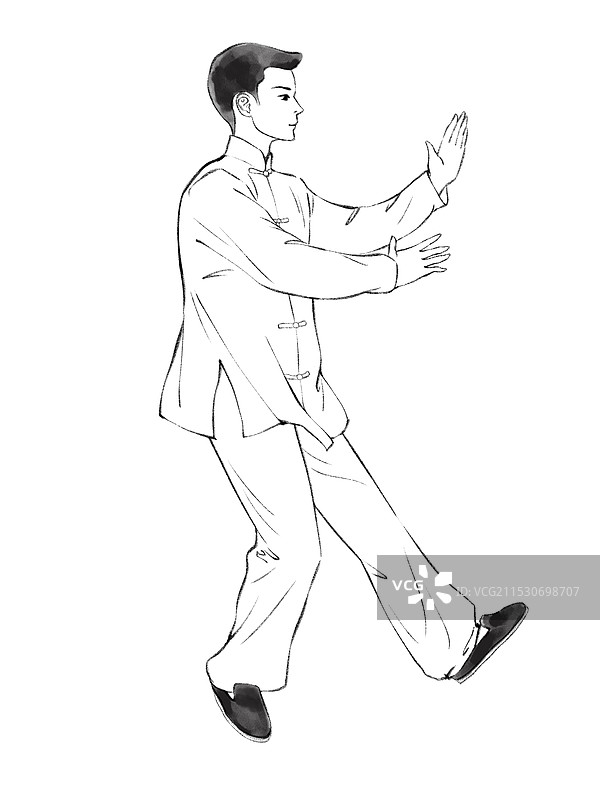 中国风太极拳系列插画，武术武林武侠传承，理疗保健中医养生健身瘦身锻炼运动休闲活动，素描白描线稿。图片素材