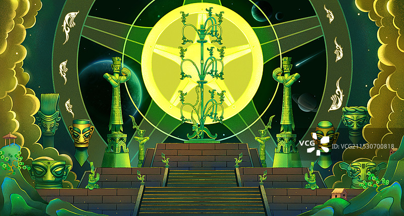 三星堆青铜文物场景国风插画图片素材