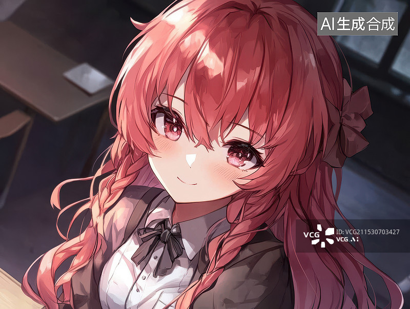 【AI数字艺术】教室内的红头发可爱动漫少女图片素材