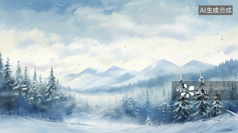 【AI数字艺术】冬天的雪山与森林极简风清新插画背景图图片素材