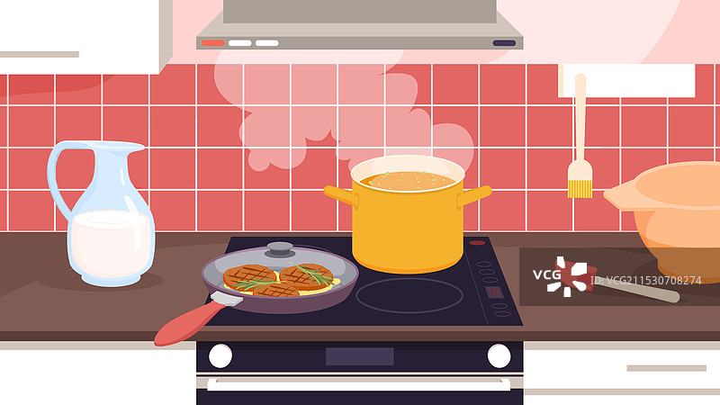 厨房内部，电炉上正在烹饪食物图片素材