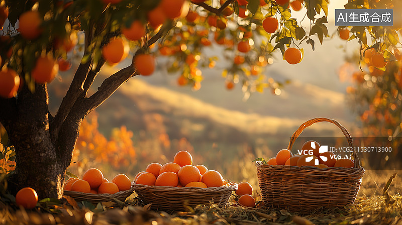 【AI数字艺术】篮子里的新鲜橘子丰收场景图片素材