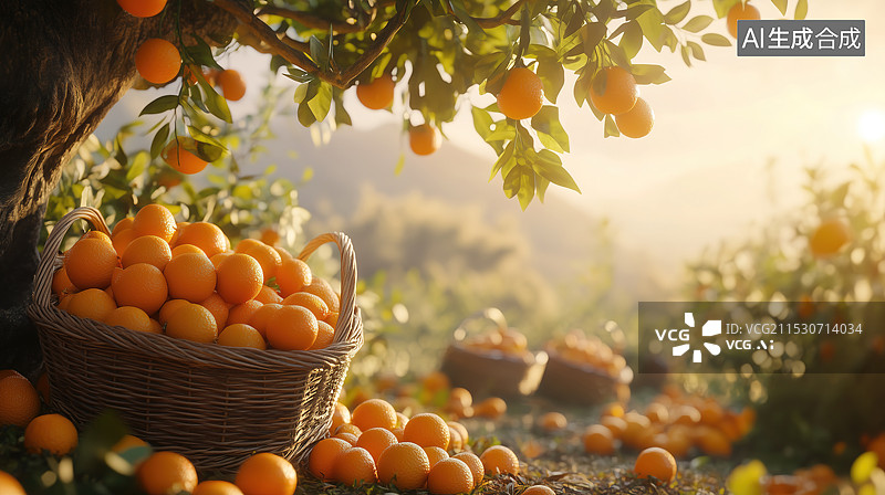 【AI数字艺术】篮子里的新鲜橘子丰收场景图片素材