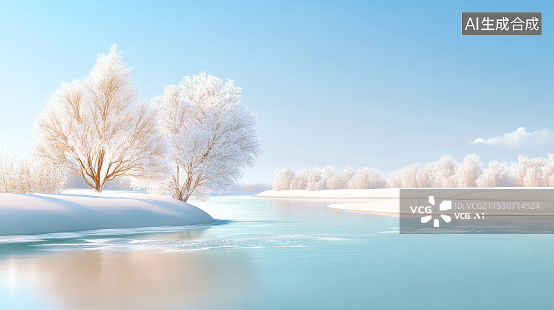 【AI数字艺术】冬季寒冷三维户外景色，湖面雾凇白雪高山风景图片素材