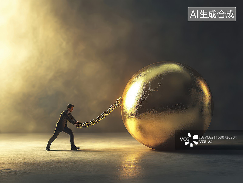 【AI数字艺术】金融杠杆、货币杠杆，一个人拖金球图片素材