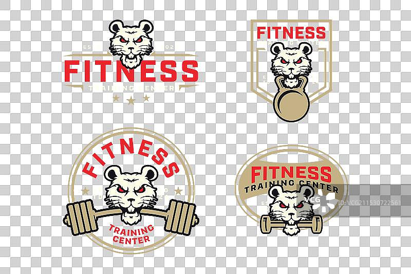 带有力量杠、杠铃、壶铃徽章的老鼠logo图片素材