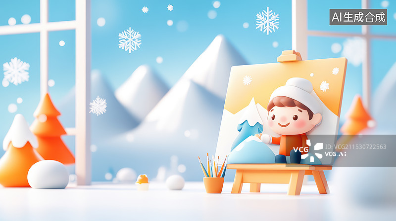 【AI数字艺术】雪地里绘画的可爱卡通小画家图片素材